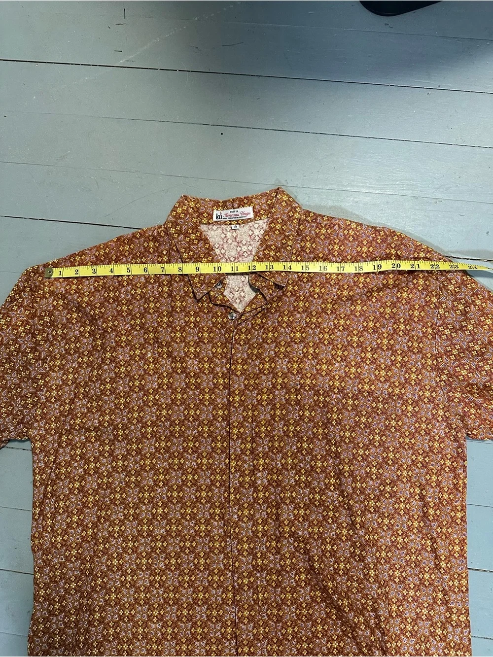 Men's Casual Button-Down Shirt in Rust Floral Print Batik Vintage